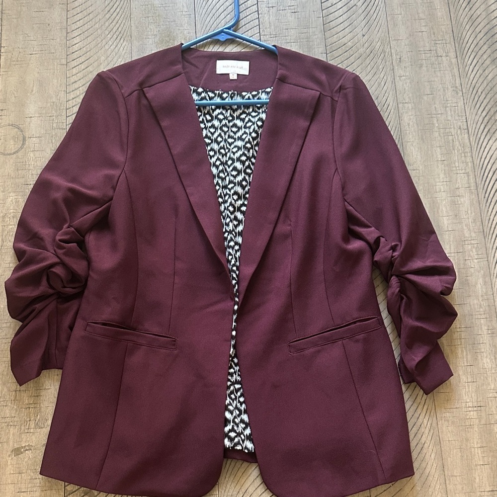 Skies Are Blue Burgundy Ruched-Sleeve Blazer